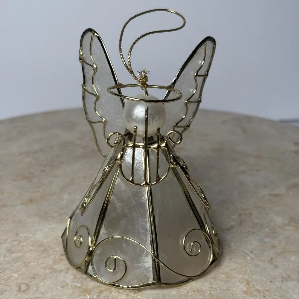 Vintage‎ Angel Christmas Ornament Gold Metal White Cadiz Shell Faux Pearl